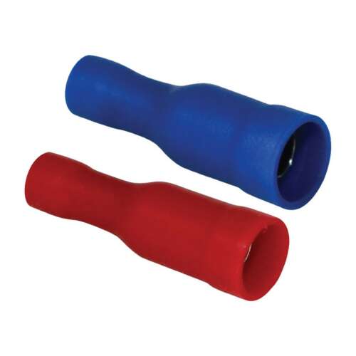 Czerwone i niebieskie izolowane złącza kablowe, 0,5-1,5 mm2, Ø 4 mm, 25 sztuk