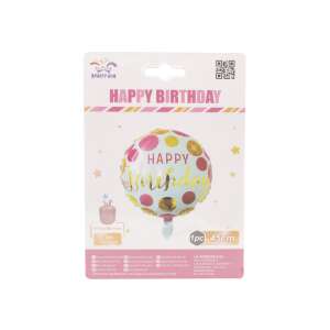 Balon foliowy Happy Birthday, 45cm, różowe i żółte kropki, Party Box - Dekoracja na imprezę