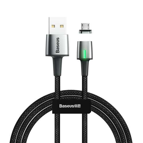 Cablu USB magnetic Baseus Cink Micro USB 2.4A 1m negru, arătând cablul cu conectorul magnetic și conectorul USB