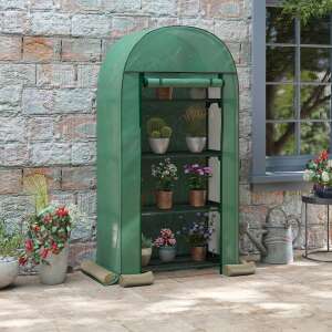 Zöld Homcom üvegház 4 polccal, ideális a növények védelmére a hideg és a madarak ellen, bemutatva használat közben különféle növényekkel - Üvegház