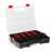 Stackable organizer box with 9 compartments, black with red accents and clear lid, open