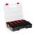 Stackable organizer box with 9 compartments, black with red accents and clear lid, open