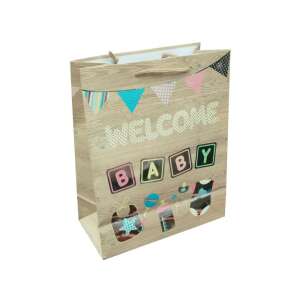 Torebka prezentowa Welcome Baby, brązowa torba papierowa z fakturą drewna, kolorowy wzór dla dziecka, idealna na prezenty na baby shower - Pakowanie prezentów