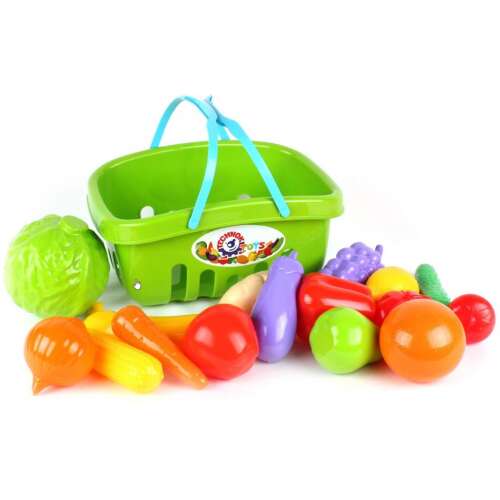 Zielony plastikowy koszyk na zakupy z owocami i warzywami, udawane jedzenie dla dzieci, marka Techno Toys
