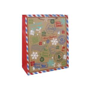 Torba prezentowa na Boże Narodzenie w czerwono-białe paski, brązowy papier i vintage znaczki - Pakowanie prezentów