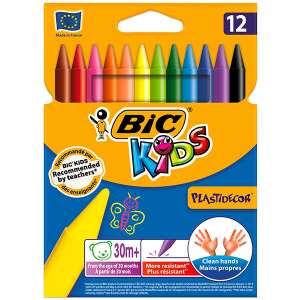 Creioane BIC Kids Plastidecor, 12 bucăți, recomandate de profesori, mâini curate, mai rezistente, de la 30 de luni - Creioane cerate