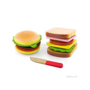 Set de jucărie din lemn cu sandviș și hamburger cu cuțit,  mâncare de joacă pentru copii - Joacă alimente