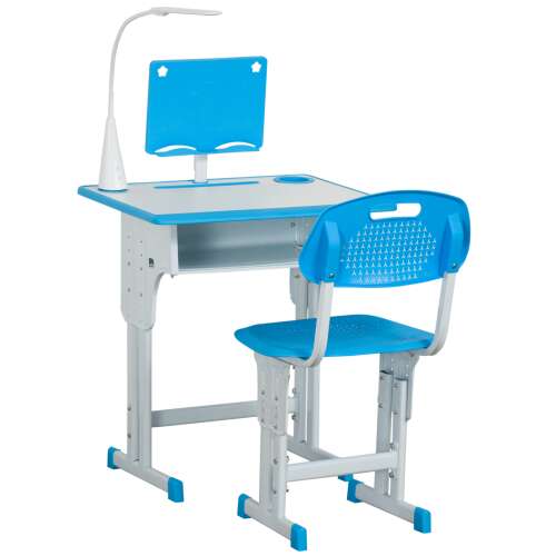 Íróasztal, Homcom, PP/MDF/acél, 6-12 év, állítható magasságú, LED lámpa, kék/fehér