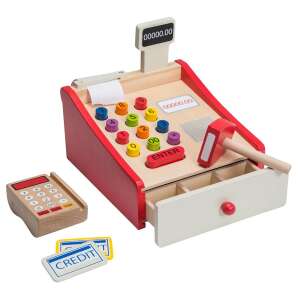 Wooden cash register toy with calculator, credit cards, and scanner for kids - Shop Playset, Shopping