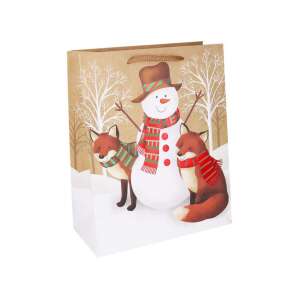 Sac de cadouri cu om de zăpadă și vulpi, dimensiune medie, 32x26 cm - Nonbrand Pungi cadou