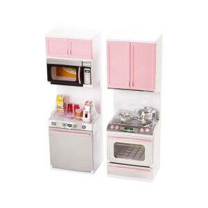 Modern Kitchen játékkonyha készlet. Rózsaszín és ezüst játékkonyha sütővel, mosogatóval, mikrohullámú sütővel és tartozékokkal. - Játékbaba kiegészítő