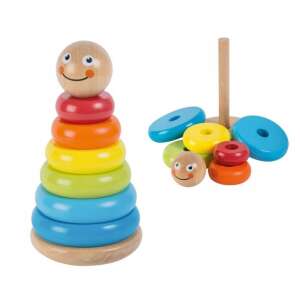 Joueco Fa Rakós Torony, fa játék babáknak és kisgyermekeknek, színes gyűrűk, amelyeket egy fa alapra lehet rakni, mosolygós arccal - Jouéco