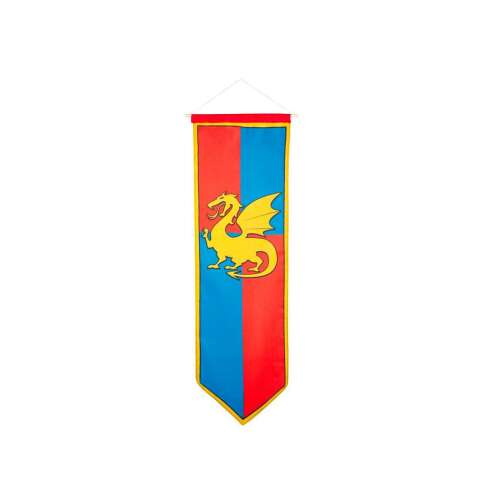 Piros és kék lovag zászló sárga sárkánnyal, 100x30 cm - Party kellék