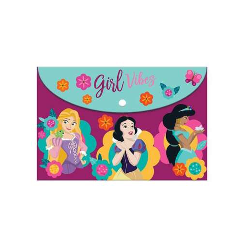 Dosar A4 cu Prințese Disney: Rapunzel, Albă ca Zăpada și Jasmine, cu închidere cu clapetă și design colorat.