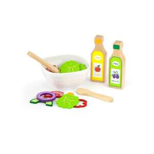 Viga Holz-Salatset für Kinder, Rollenspiel, beinhaltet Schüssel, Salat, Gabel, Löffel, Essig- und Olivenölflaschen - Spielzeug-Lebensmittel