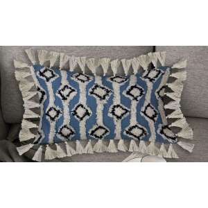 Bedora díszpárna geometrikus mintával és rojtokkal, kék és fehér - Díszpárna