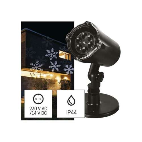 LED projektor Emos DCPC02, ktorý premieta snehové vločky na dom, zobrazujúci projektor, stojan a IP44 triedu