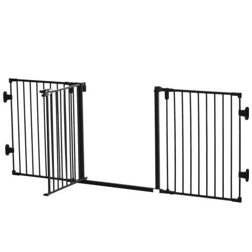 PawHut Fekete Fém Háziállat Kapu, 202,5x76 cm, Összecsukható, Kutyáknak, Biztonsági Kapu, Baba Kapu, nyitott