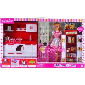 Zestaw kuchenny DeFa Lucy z lalką 30 cm, czerwono-biały zestaw do zabawy w kuchnię z akcesoriami,  zabawa w kuchnię dla dzieci - Akcesoria dla lalek