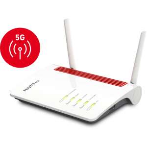 Router FRITZ!Box 6850 5G WiFi, biały z czerwonymi akcentami, widok pod kątem - Router Wi-Fi, adapter