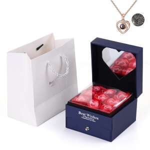 Tükrös kék díszdobozos örök rózsa és nyaklánc szett – Rosegold szív