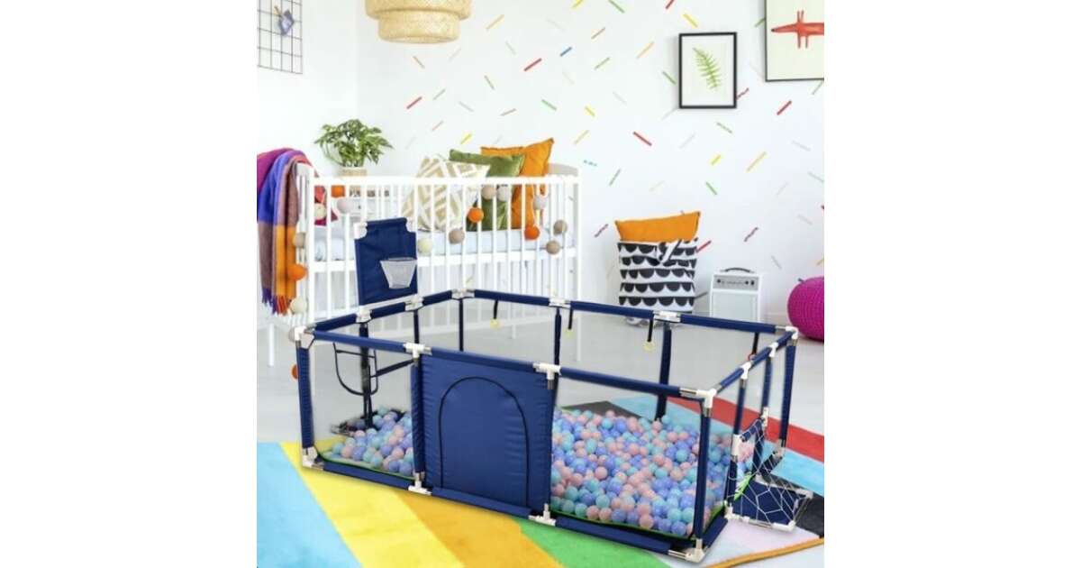 Gyermek járóka focikapuval és kosár palánkkal (kék) + 100 darab labda ...