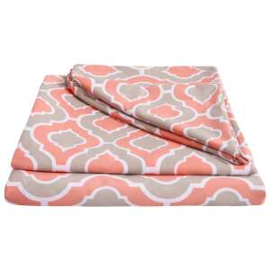 Set de lenjerie de pat SomnART Iris pentru 2 persoane cu 2 fețe de pernă, cearșaf cu elastic și cearșaf plat în model geometric coral și gri - Lenjerie de pat