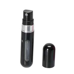 Black travel perfume atomizer with a clear glass window, 5ml capacity, perfect for travel