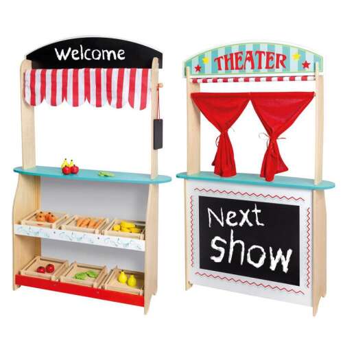 Joueco 2w1 Drewniany Zestaw do Zabawy, Teatr i Sklep, z Akcesoriami, Drewno z Certyfikatem FSC, Wielokolorowy
