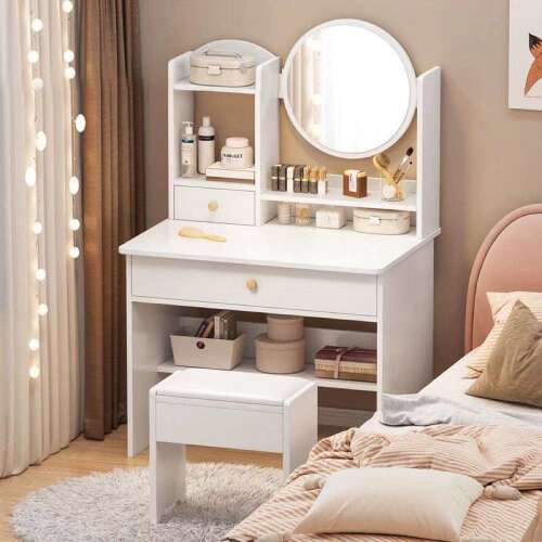 White makeup vanity table with mirror, storage shelves, and stool, BC HT01-2