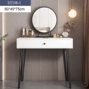 White makeup vanity table with black hairpin legs and a round mirror, BC HT08-1 - Dressing Table