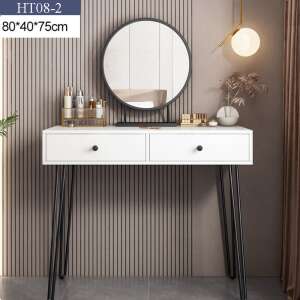 White dressing table with black metal legs and round mirror, 75 x 40 x 80 cm - Dressing Table