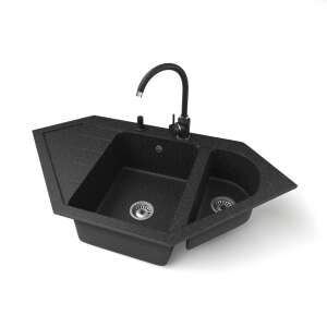 Gránit NERO Joker sarok mosogató két medencével, fekete, Gamma Myra magasított csapteleppel és adagolóval - Építkezés & Felújítás