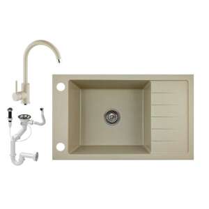 Gránit mosogató NERO Grande konyhai mosogató bézs csapteleppel, lefolyóval és szifonnal - Építkezés & Felújítás