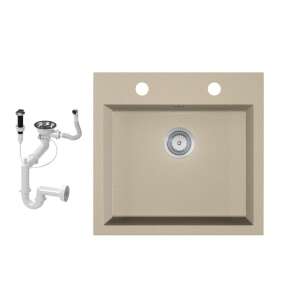 EOS Como gránit mosogató bézs színben, két lyukkal a csaptelep és az adagoló számára, szifon készlettel automata dugókiemelővel - Építkezés & Felújítás