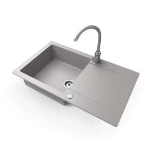 Gránit mosogató NERO Gold, szürke, egymedencés, csepegtetővel, Gamma Deco csaptelep, szürke - Építkezés & Felújítás
