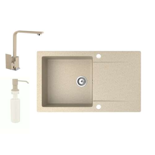 NERO Gold gránit mosogató bézs színben, egymedencés, csepegtetővel, csapteleppel és szappanadagolóval
