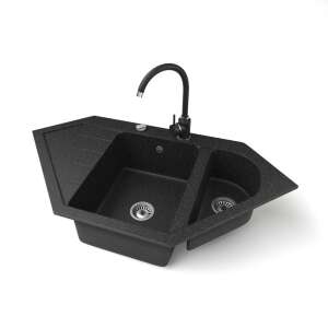 Fekete gránit sarok mosogató két medencével, lefolyóval és csapteleppel - Építkezés & Felújítás