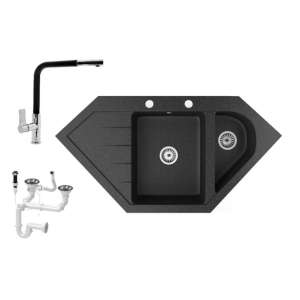 Gránit mosogató NERO Joker sarok konyhai mosogató Linea kihúzható csapteleppel és automata dugókiemelővel - Építkezés & Felújítás