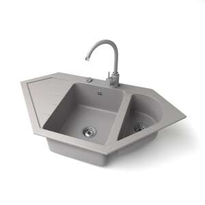 Gránit NERO Joker sarok mosogató két medencével, lefolyó táblával és magasított csapteleppel - Építkezés & Felújítás