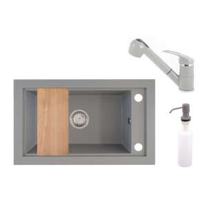 Panama P686-427S Gránit Mosogató Szett Kihúzható Zuhannyal, Adagolóval, Vágódeszkával és Szifonnal Szürke Színben - Építkezés & Felújítás