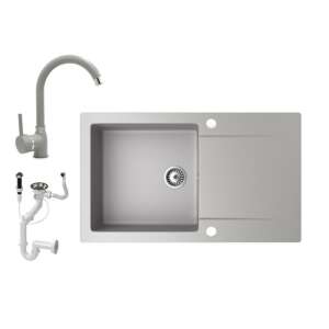 Gránit mosogató NERO Gold, szürke színben, Gamma Deco mosogató csapteleppel és szifon készlettel - Építkezés & Felújítás