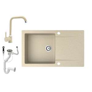 Gránit mosogató NERO Gold Gamma Steel csapteleppel és szifon készlettel, bézs színben - Építkezés & Felújítás