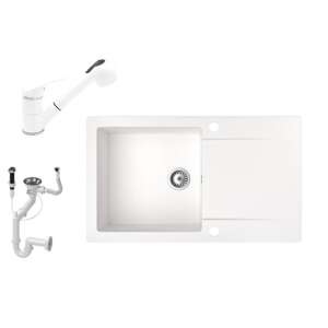 Gránit mosogató NERO Gold, fehér gránit konyhai mosogató csepegtetővel, kihúzható zuhanyfejes csaptelep és dugókiemelővel - Építkezés & Felújítás