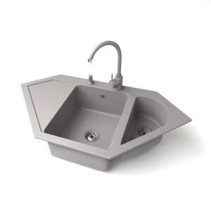Gránit NERO Joker sarok mosogató két medencével, magasított csapteleppel és adagolóval, szürke - Építkezés & Felújítás