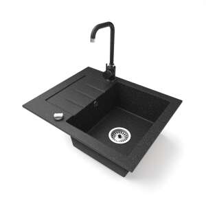 Gránit mosogatótálca NERO Monza konyhai mosogató Steel csapteleppel és dugókiemelővel, fekete - Építkezés & Felújítás