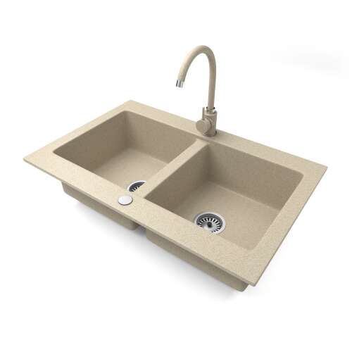 Nero Verso gránit mosogatótálca bézs színben, két medencével és csapteleppel
