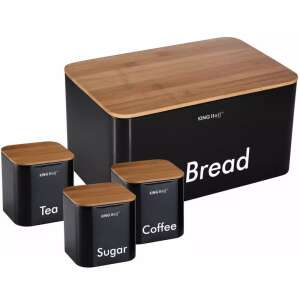 Кутия за хляб Kinghoff с 3 контейнера за подправки, черен неръждаема стомана с бамбуков капак, етикети: чай, захар, кафе - Кошница за хляб
