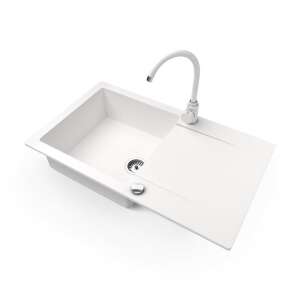 Gránit mosogató NERO Gold, fehér gránit konyhai mosogató csepegtetővel, modern kialakítás, 80% gránit, 20% akril, 45 cm széles, 76.7 cm hosszú, 16 cm mély, csaptelep és lefolyó tartozékokkal - Építkezés & Felújítás