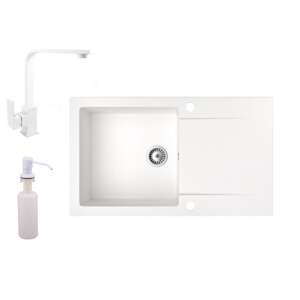 Gránit mosogató NERO Gold, fehér konyhai mosogató csepegtetővel, csapteleppel és szappanadagolóval - Építkezés & Felújítás